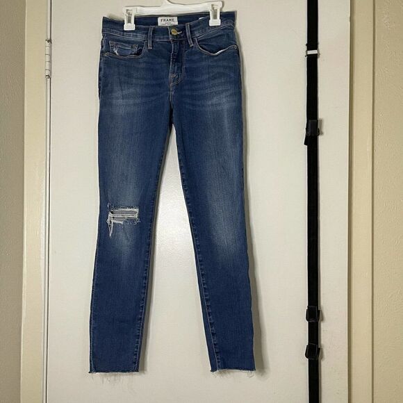 FRAME Le Raw Edge Ripped Crop Skinny Jeans In Washington Square Sz 26 $200 - Picture 2 of 9